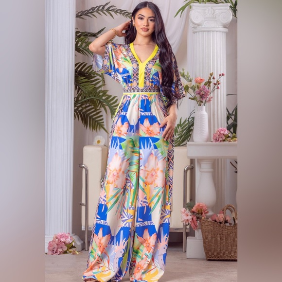 Bella Posh Shop Pants - 168 Printed V Neck Jumpsuit